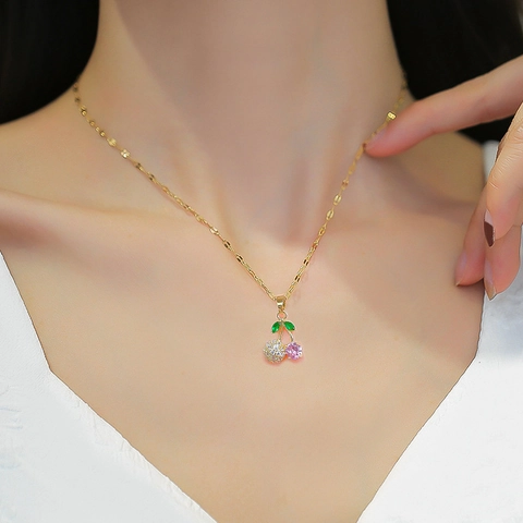 Kers Sieraden Ketting En Oorknopjes Roze Zirkoon Titanium Staal Koper Voor Vrouwen Zoet Elegant Accessoires Cadeau