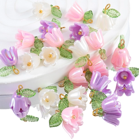 Ciondoli Fiore Mughetto In Resina Perla Artificialta E Lega Con Foglia Per Creazione Gioielli Fai Da Te Collane Braccialetti Accessori