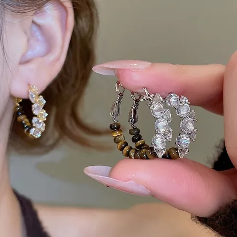 Hoop Oorbellen Met Tijgeroog Steen En Glinsterende Zirkoon Vintage C-Vorm Sieraden Vrouwen Zilveren Oorsteker Verguld