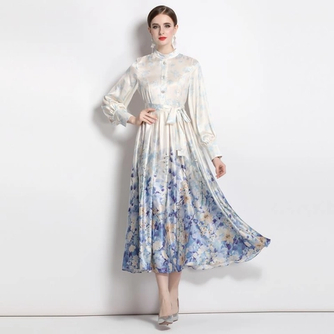 Blumenmuster Maxikleid Satin Laternenärmel Stehkragen Taillenband Einreihig Elegant Party Damen