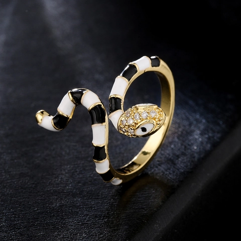 Anello Serpente Da Donna Rame Placcato Oro Smalto Malocchio Fascia Aperta Regolabile Zircone Colorato Gioielli Moda