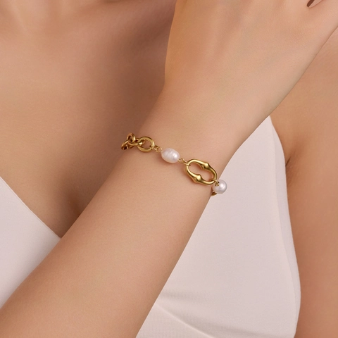 Bracciale e Collana a Catena in Acciaio Inossidabile a Forma di Bambù Placcato Oro 18K Con Perla Artificiale Gioielli Donna Vintage