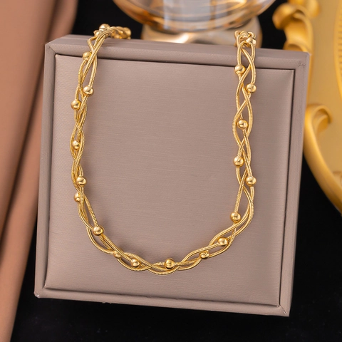 Niche Design Stainless Steel Multi Layer Triple Snake Chain Round Bead Necklace For Women Minimalist Jewelry Accessories