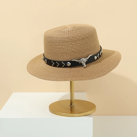 Boater Hat Vintage Straw Sun Protection Flat Top Beach Summer Breathable Leather Band Bull Head Metal Decor Unisex