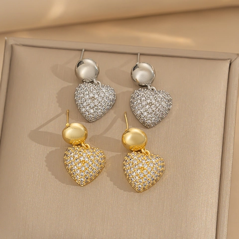 Orecchini A Pendente A Cuore Rame Zirconia Micro Pavé Stile Semplice Dolce Gioielli Di Moda Per Donne Elegante Accessori Scintillanti