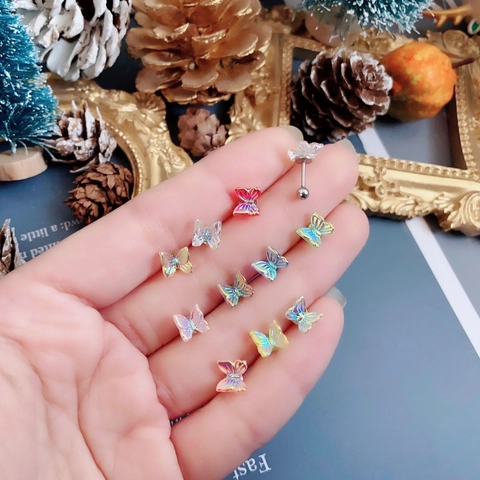 Butterfly Stud Earrings Aurora Resin Titanium Steel Screw Back Cartilage Piercing Iridescent Jewelry For Women