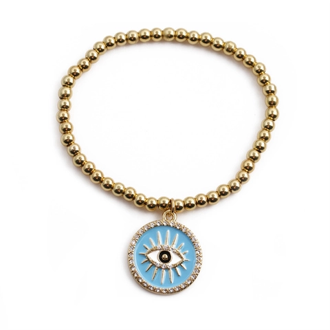 Pulsera De Cuentas Evil Eye Cobre Cuentas Doradas Colgante Esmalte Circón Diamante De Imitación Joyería De Moda Mujer