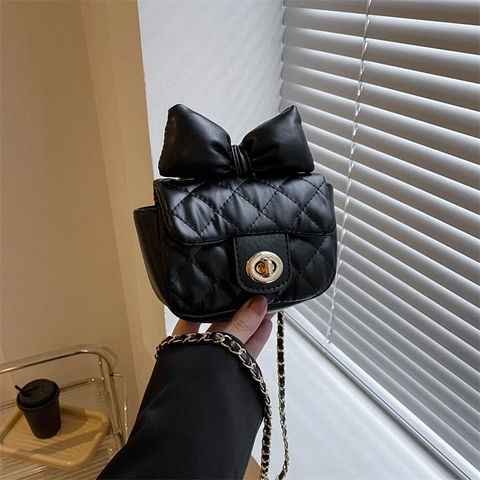 Mini Bolso Bandolera Acolchado Cuero PU Gran Lazo Cierre Giratorio Correa De Cadena Estilo Dulce Mujeres