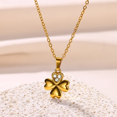 Luxury Stainless Steel Pendant Necklace 18K Gold Plated Zircon Star Moon Lotus Clover Fashion Jewelry For Women
