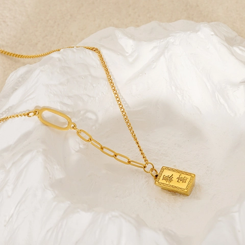 Stainless Steel Pendant Necklace 18K Gold Plated Gold Bar Charm Asymmetric Chain Chic Minimalist Jewelry For Women