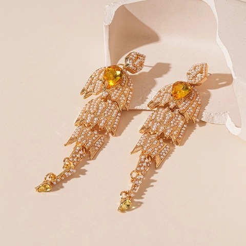 Pendientes Largos De Borla Retro Franceses Lujo Hoja Aleación Diamante De Imitación Perla Artificial Con Poste De Plata Para Mujer