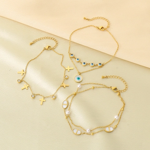 Tobillera De Capas Ojo Turco Acero Inoxidable Cruz Perla Artificial Diamante De Imitación Joyería De Pies Para Mujer Estilo Dulce