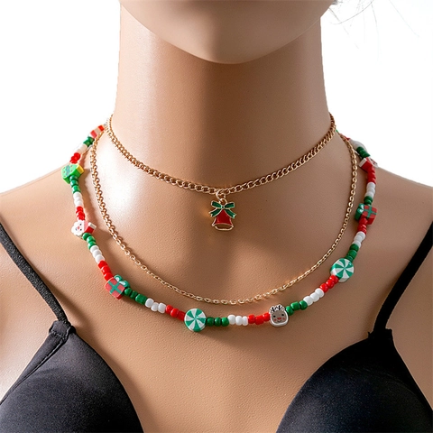 Kerst Multi Layer Ketting Legering Polymeerklei Kralen Kerstman Sneeuwvlok Bel Rendier Hanger Feestelijke Sieraden Voor Dames