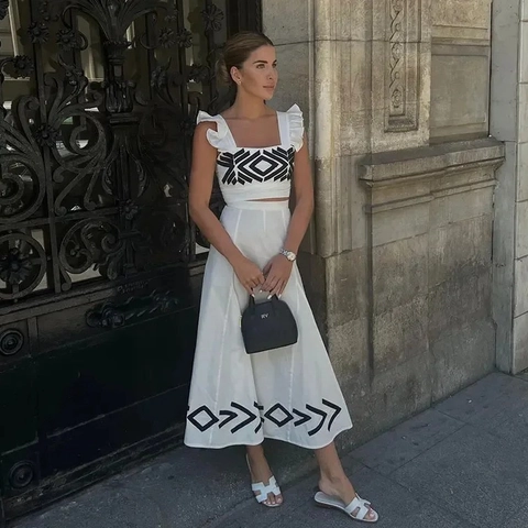 Damen Polyester Oberteil Mit Rüschenriemen Und Maxirock Mit Hoher Taille Geometrischer Druck Sommerurlaub Mode