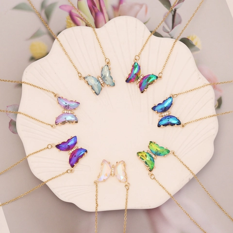 Gradient Butterfly Pendant Necklace Stainless Steel Copper Glass Zircon Accents Fashion Clavicle Chain For Women