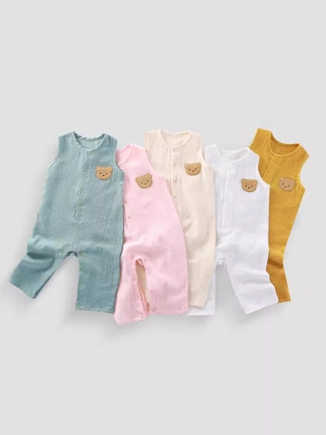 Baby Sleeveless Romper Cotton Gauze Breathable Summer Creeper Cartoon Bear Patch Cute Infant Bodysuit Jumpsuit