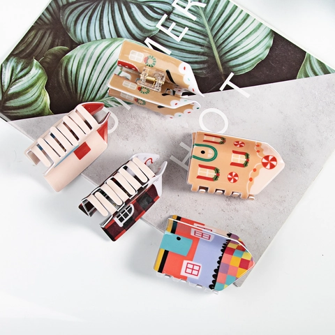 House Shape Hair Claw Clip Acetate Novelty Gingerbread House Pattern Retro Cute Headwear For Women Girls