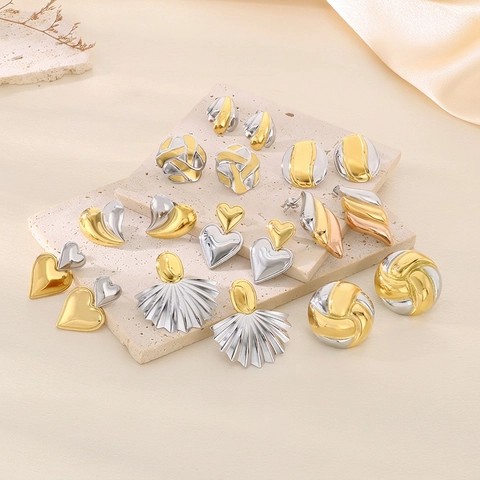 Two-Tone Stainless Steel Earrings Gold Silver Geometric Heart Fan Shape Minimalist Jewelry For Women