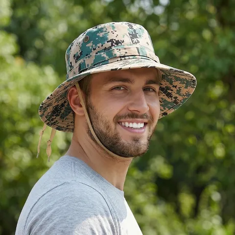 Outdoor Camouflage Boonie Hat Wide Brim Sun Protection Breathable Cotton Fishing Hiking Adjustable Windproof Strap