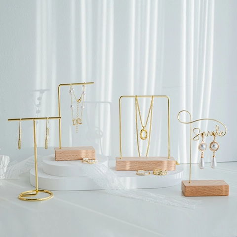 Gold Plated Iron Jewelry Display Stand Beech Wood Base Nordic Minimalist Necklace Earring Ring Holder Photography Props