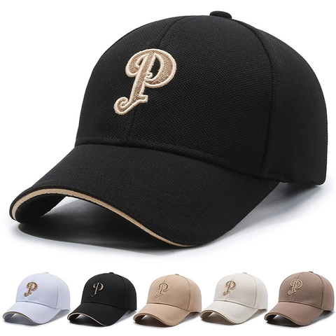 Letter P Embroidery Baseball Cap Polyester Breathable Sun Protection Adjustable Curved Brim Hat For Men Women