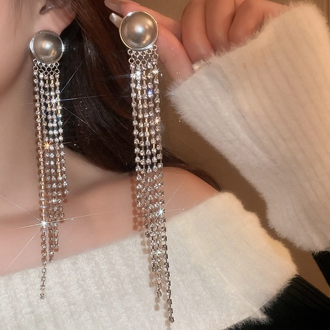 Pendientes Largos De Borla Con Perla Artificial De Imitación Circón Cobre Poste De Plata Joyería Elegante Para Mujeres