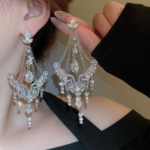 Chandelier Long Tassel Earrings With Rhinestone Flower Water Drop Alloy Elegant Party Jewelry For Women Silver Earring Post