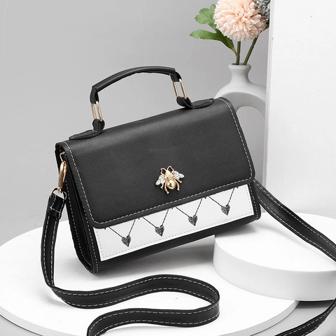 Damen PU Leder Kleine Quadratische Tasche Biene Metall Dekor Herz Stickerei Schulter Umhängetasche Handtasche