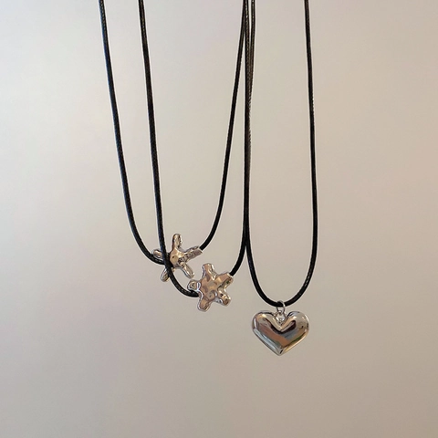 Collana Con Pendente Cuore Stella Marina Lega Minimalista Argento Nero Cordino In Cera Regolabile Catena Da Clavicola Donna
