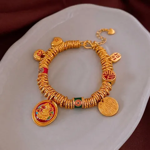 Pulsera De Cobre Chapado En Oro De Estilo Chino Con Dijes De Esmalte Dios De La Riqueza Carácter Fu Ajustable Para Mujeres