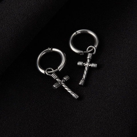 Orecchini A Cerchio Con Pendente A Croce Retro Acciaio Inossidabile Stile Punk Hip Hop Per Uomo Unisex Tono Argento Trama A Spirale