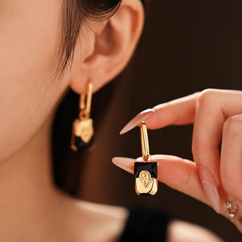 Vintage Gold Plated Copper Earrings With Lion Head Relief Rectangular Zircon And Silver Earring Post