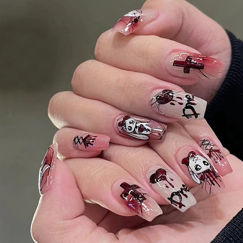 Faux Ongles Coffin Press On Rouge Foncé Style Gothique Sombre Motif Lapin Cœur Croix Ongles Amovibles Sweet Cool Pour Femmes