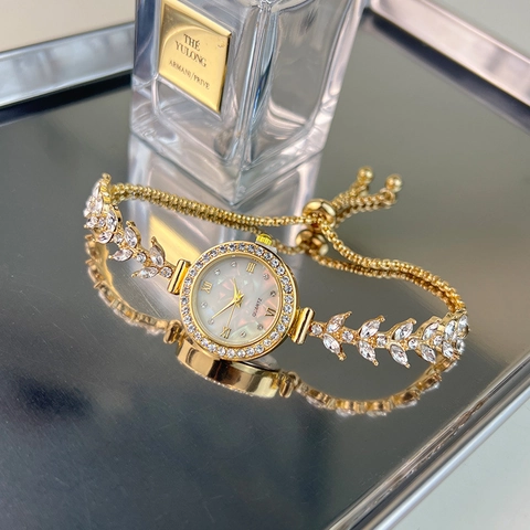 Reloj de Cuarzo de Lujo para Mujer Pulsera de Hoja con Diamantes de Imitación Elegante Esfera de Concha Reloj de Aleación