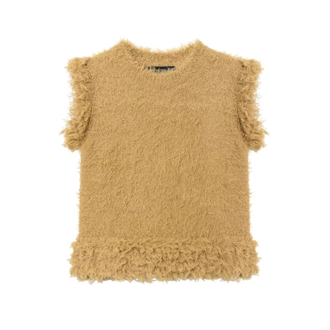Women Hairy Knit Vest Sleeveless Sweater Fuzzy Plush Round Neck Solid Color Shaggy Pullover Fashion Top
