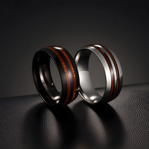 Herren Ring Edelstahl Mit Holzmaserung Inlay Hochglanzpoliert Mode Schmuck Für Männer Komfort Passform