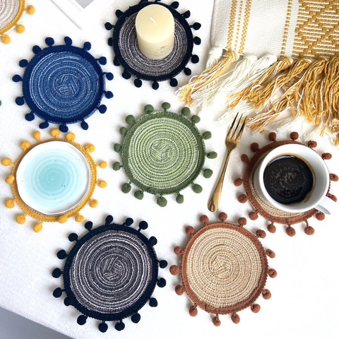 Sets De Table Dessous De Verre Ronds Tissés Pompon Polyester Fil Métallique Résistant Chaleur Antidérapant Boho