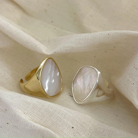 Irregular Mother Of Artificial Pearl Ring 925 Sterling Silver Wide Band Adjustable French Vintage Style Geometric Jewelry For Women