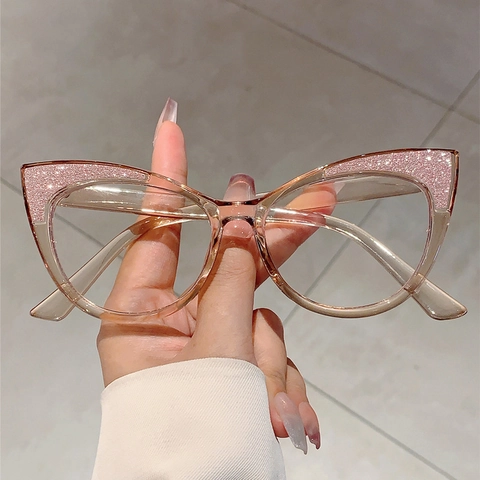 Women Cat Eye Anti Blue Light Glasses Fashion Oversized PC Frame With Glitter Sparkle Decoration Trendy Plain Eyewear