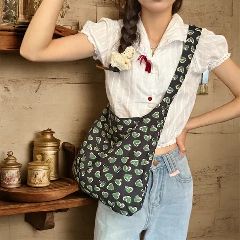 Sac Fourre-Tout En Toile De Coton À Imprimé Fleuri Cœur Grande Capacité Sac À Bandoulière Style Coréen Rétro