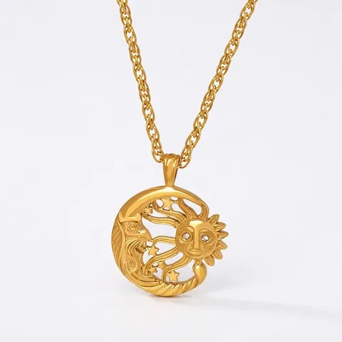 Vintage Zon En Maan Hanger Ketting Titanium Staal Met Zirconia Hemelse Boho Stijl Sieraden Voor Dames
