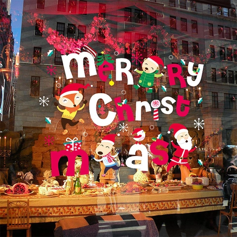 Adesivi Finestra Natale PVC Merry Christmas Babbo Natale Renna Volpe Fiocchi Neve DIY Vetrofanie Parete Festive