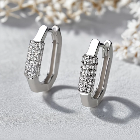 Orecchini a Cerchio Geometrici in Argento Sterling 925 per Donna Orecchini Huggie Esagonali Rettangolari con Micro Strass Intarsiati