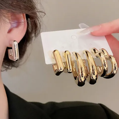 Minimalistische Geometrische Creolen Gold Silber Herz Quadrat Rund Metall Mit Silbernem Ohrstecker Für Frauen
