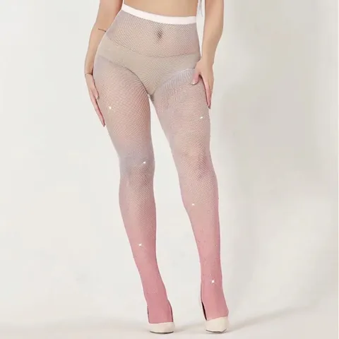 Sexy Women Gradient Fishnet Stockings Sparkling Rhinestone Pantyhose Thin Seamless Elastic Crotchless Tights For Party
