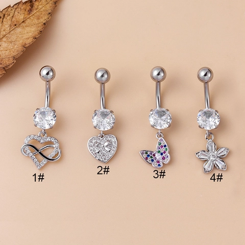 Belly Piercing Ring Stainless Steel Bar Copper Cubic Zirconia Dangle Butterfly Heart Flower Body Jewelry For Women