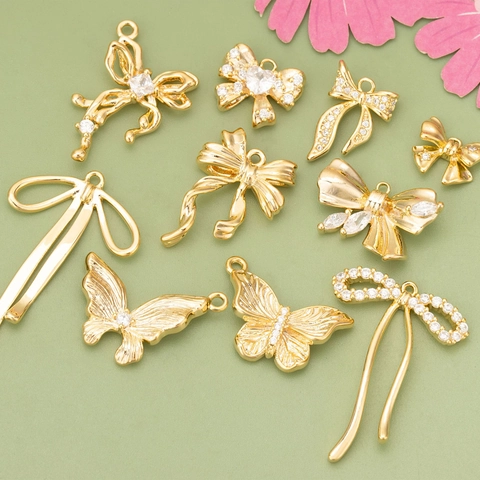 18K Gold Plated Copper Bow Butterfly Pendant Charms With Cubic Zirconia For DIY Earring Necklace Jewelry Making