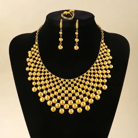 Exaggerated Exotic Copper Bead Necklace Earring Ring Jewelry Set For Women Gold Plated Multi Layer Statement Jewelry Set
