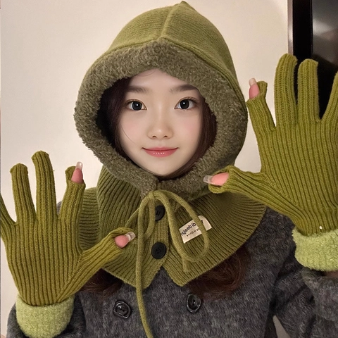 Women Thermal Acrylic Knitted Balaclava Hat Scarf With Matching Gloves Solid Color Sweet Winter Neck Warmer For Outdoor