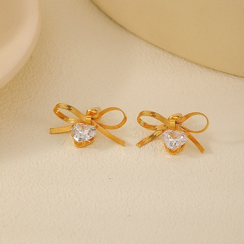 Bowknot Herz Hängeohrringe Edelstahl 18K Vergoldet Zirkonia High End Sommer Schmuck Für Damen